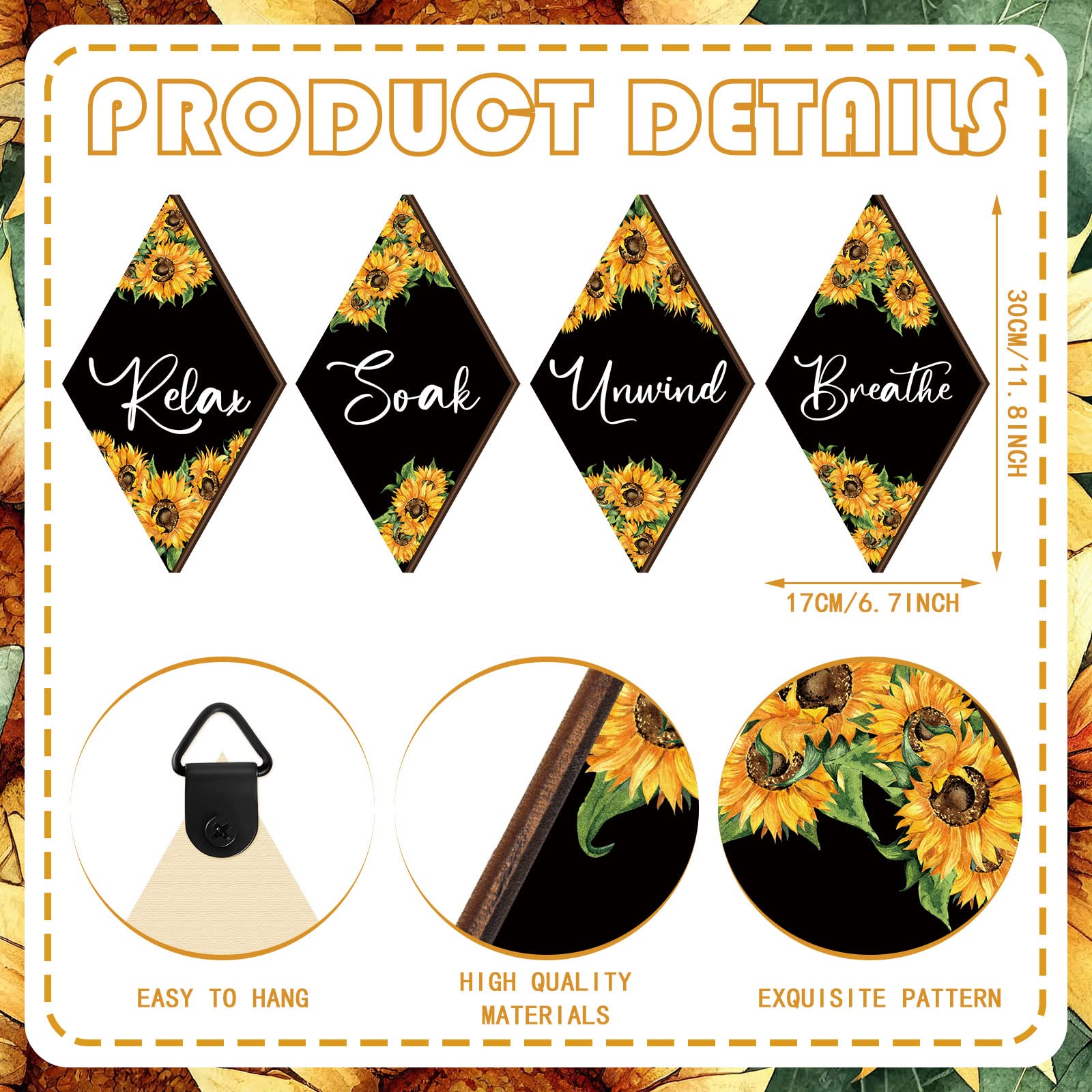 Qunclay Sunflower Bathroom Wall Decor - Rustic Signs for Home, Kitchen, Laundry, Spa - Black, Yellow, White - Model WV-Qunclay-5203