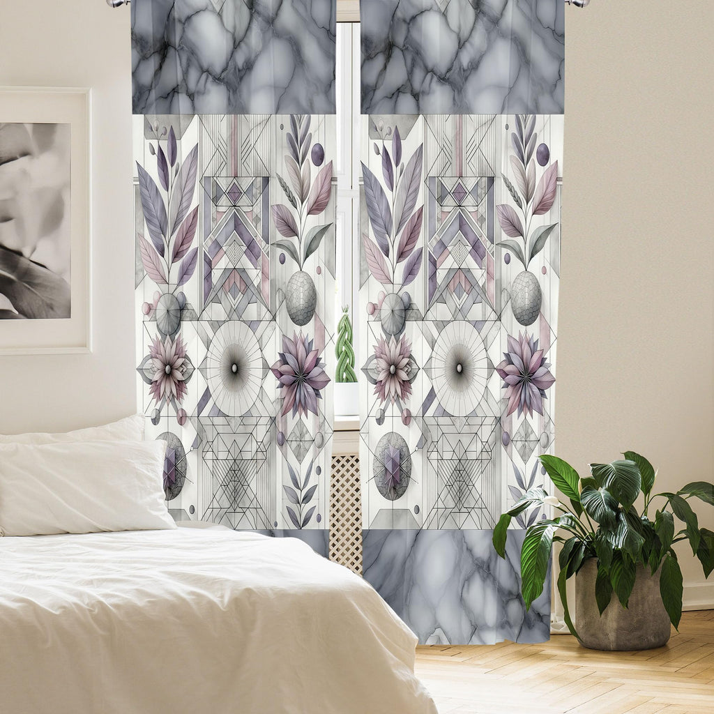 Ambesonne Geometric Floral Window Curtains, Classic Marble Print Ornate Leafy Flowers And Futurist Stripes, Lightweight Decor 2-