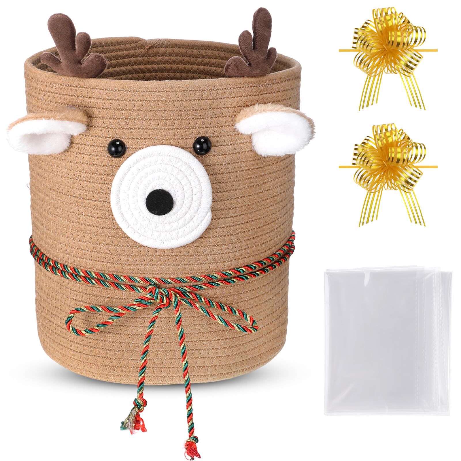 Vincreem Christmas Deer Basket Reindeer/Elk Christmas Baby Gift Basket Cotton Rope Storage Organizer with Gift Bags and Ribbon f