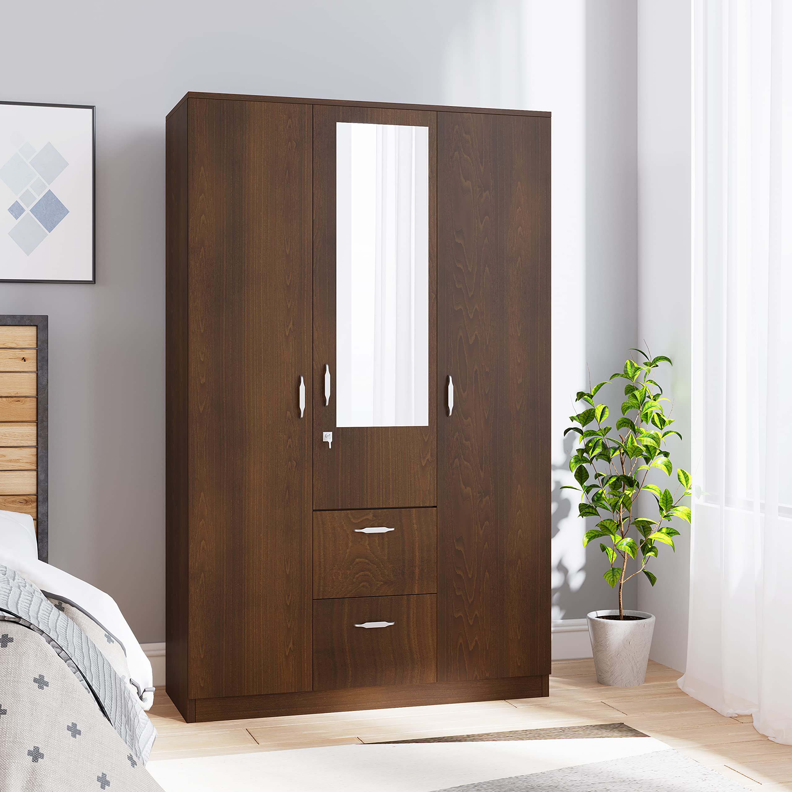 Nilkamal Mozart Neo 4 Door Wardrobe With Mirror | Engineered Wood Almirah |2 Hanging Rods, 8 Shelves And 4 Drawers|1 Year Warran