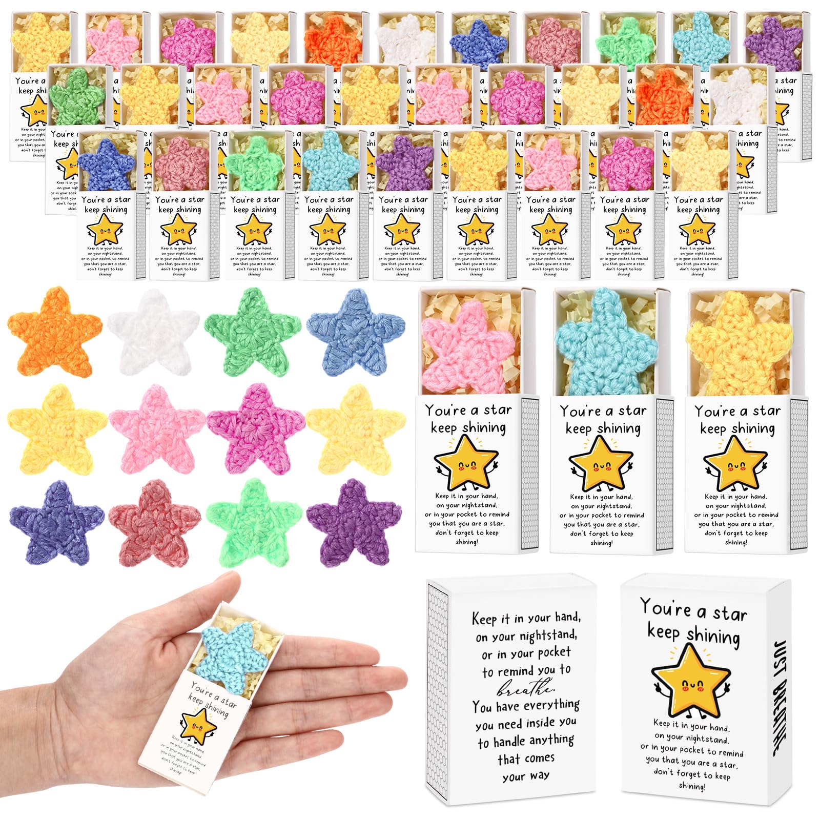 Wettarn 24 Sets Christmas Inspirational Gifts Handmade Crocheted You re a Star with Boxes Bulk Pocket Hug for Teachers Office Em