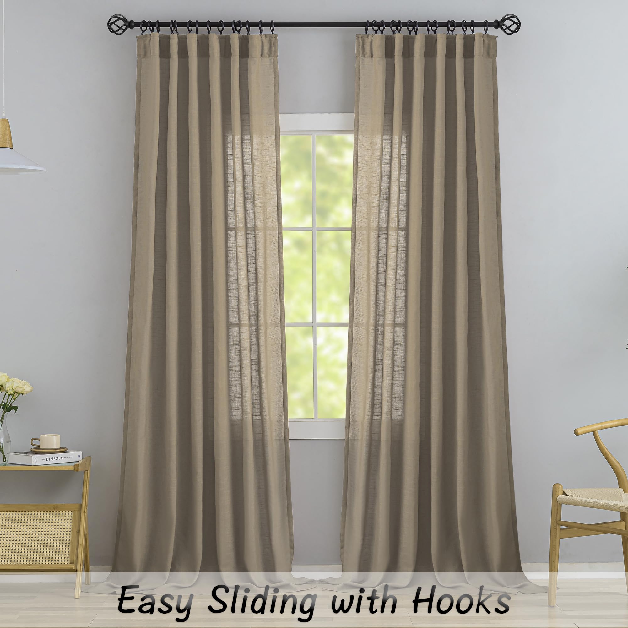Rustic Livingroom 108 Inch Length Linen Textured Curtains,2 Panels Back Tab Hooks Belt Track Burlap Flax Weave Light Filtering Semi Sheer Drapes,9Ft Extra Long Curtains For High Window,Taupe,52'X108'