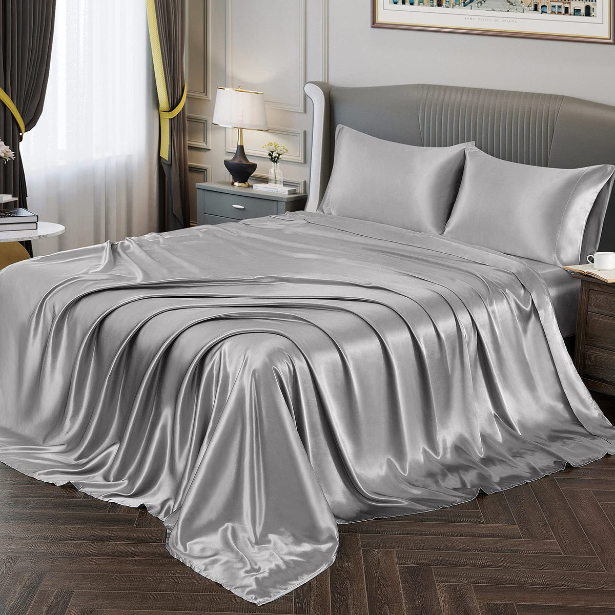 Vonty Satin Sheets Queen Size Silky Soft Satin Bed Sheets Silver Grey Satin Sheet Set, 1 Deep Pocket Fitted Sheet + 1 Flat Sheet