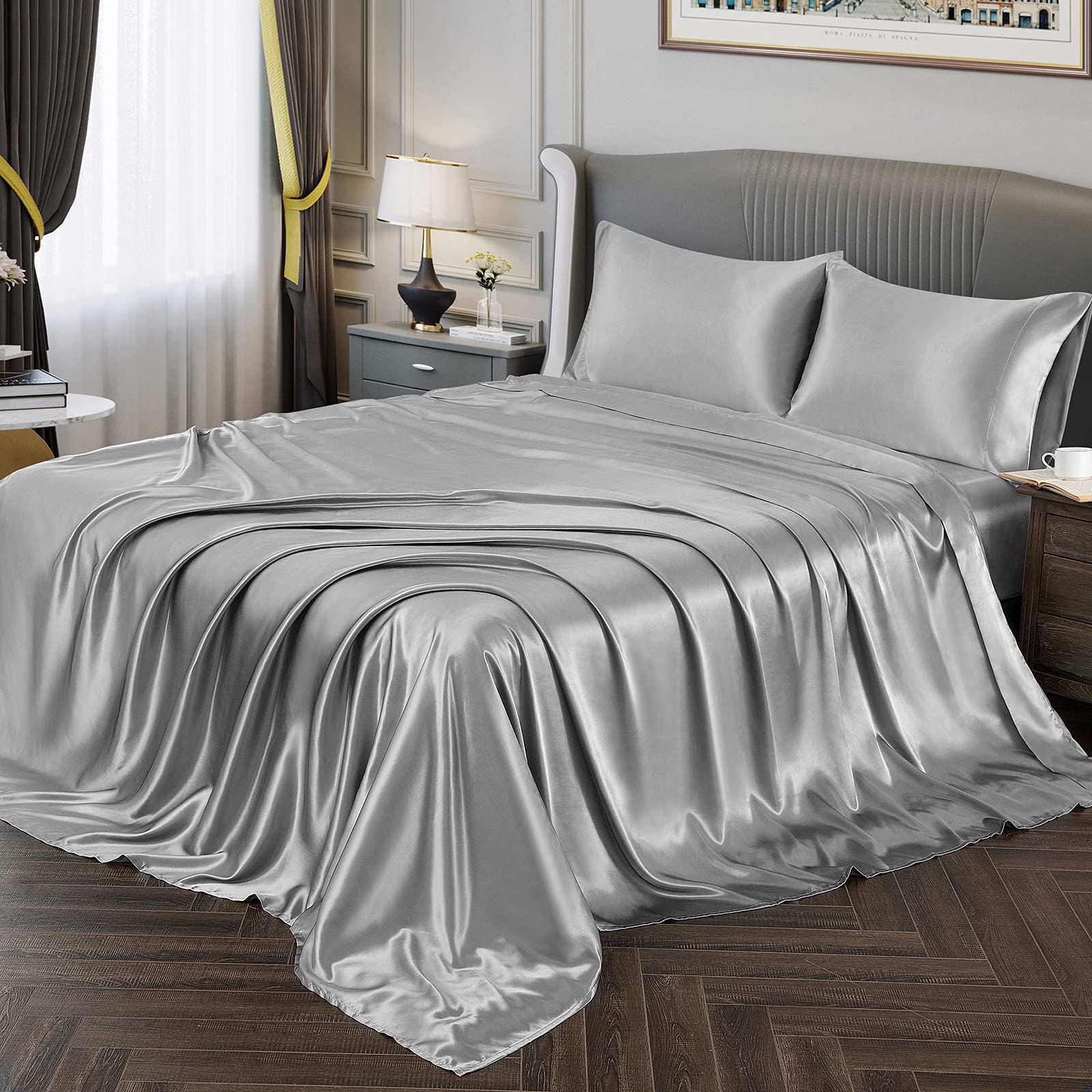Vonty Satin Sheets Twin Silky Soft Satin Bed Sheets Silver Grey Satin Sheet Set, 1 Deep Pocket Fitted Sheet + 1 Flat Sheet + 1 P