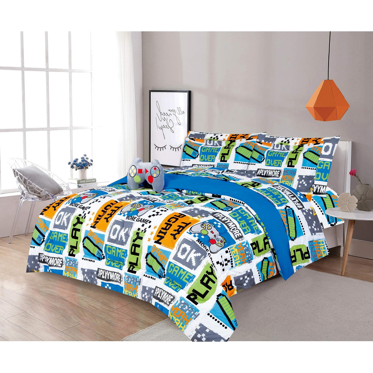 Sapphire Home 4 Piece Gamer Queen Kids Comforter Set - Kids Bedding - Pillow Sham, Decorative Toy Pillow - Toddler Bed Kit, Vide