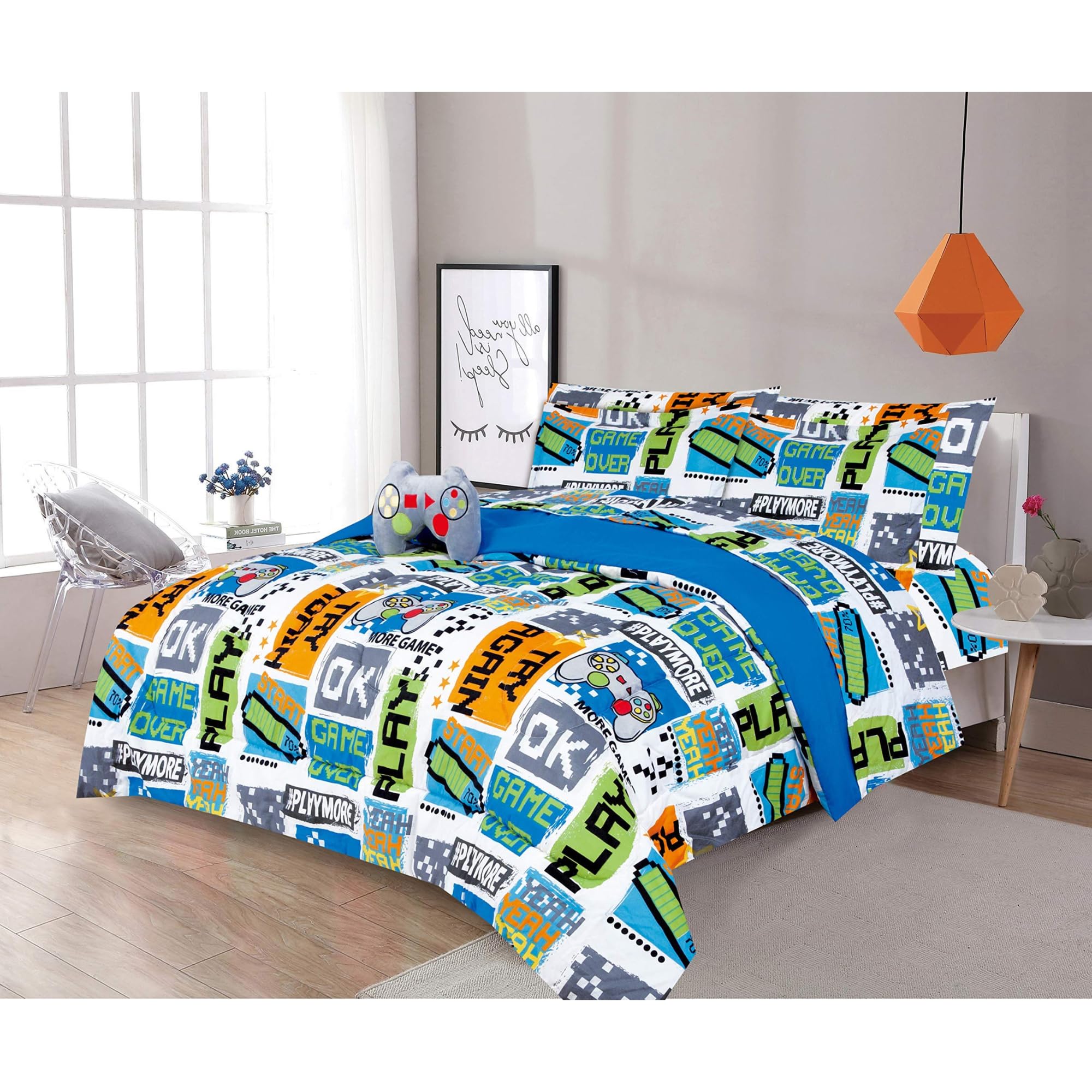 Sapphire Home 4 Piece Gamer Queen Kids Comforter Set - Kids Bedding - Pillow Sham, Decorative Toy Pillow - Toddler Bed Kit, Vide