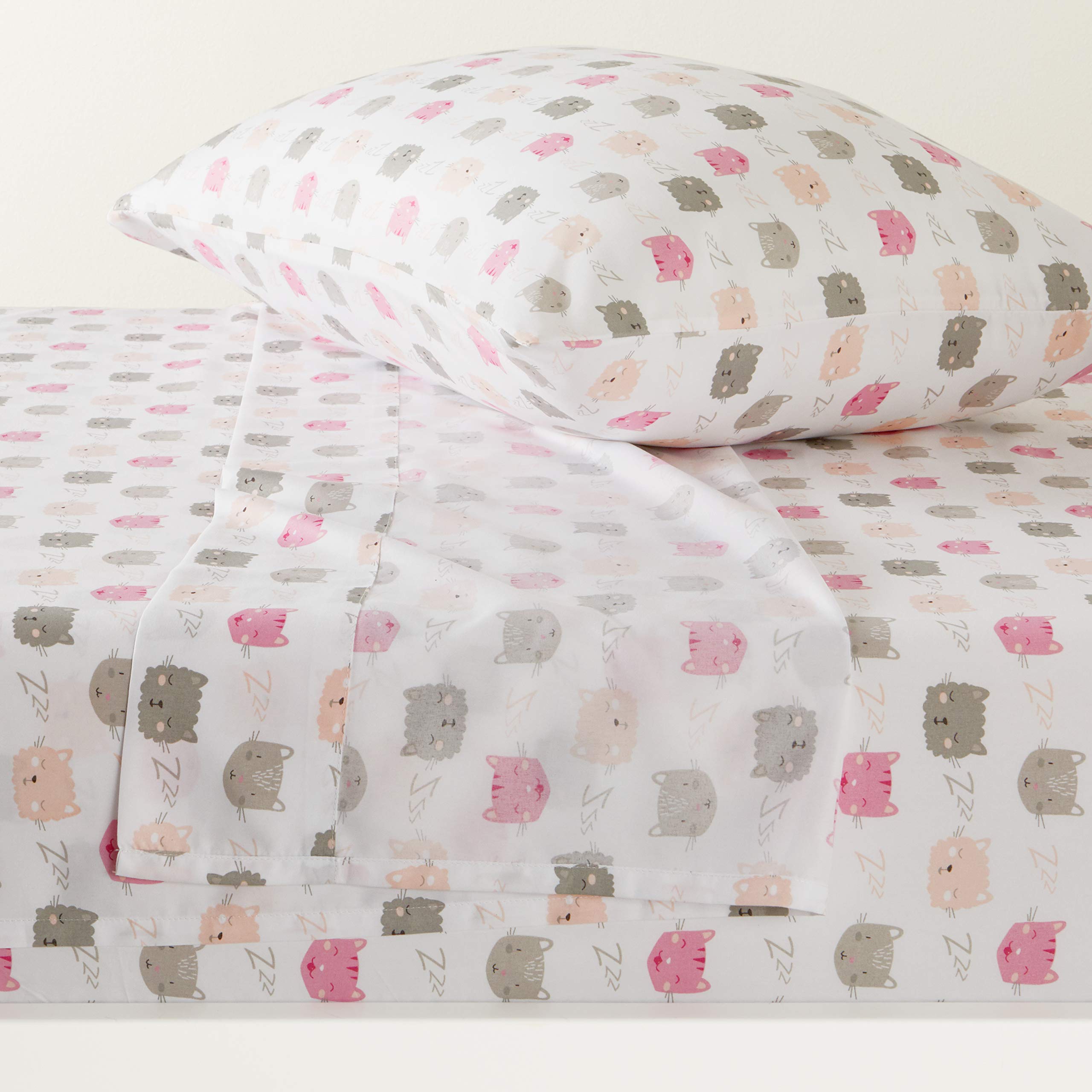 Amazon Basics Kids Soft, Easy-Wash Microfiber 3-Piece Sheet Set, Twin, Peony Pink Kitties, Animal Print