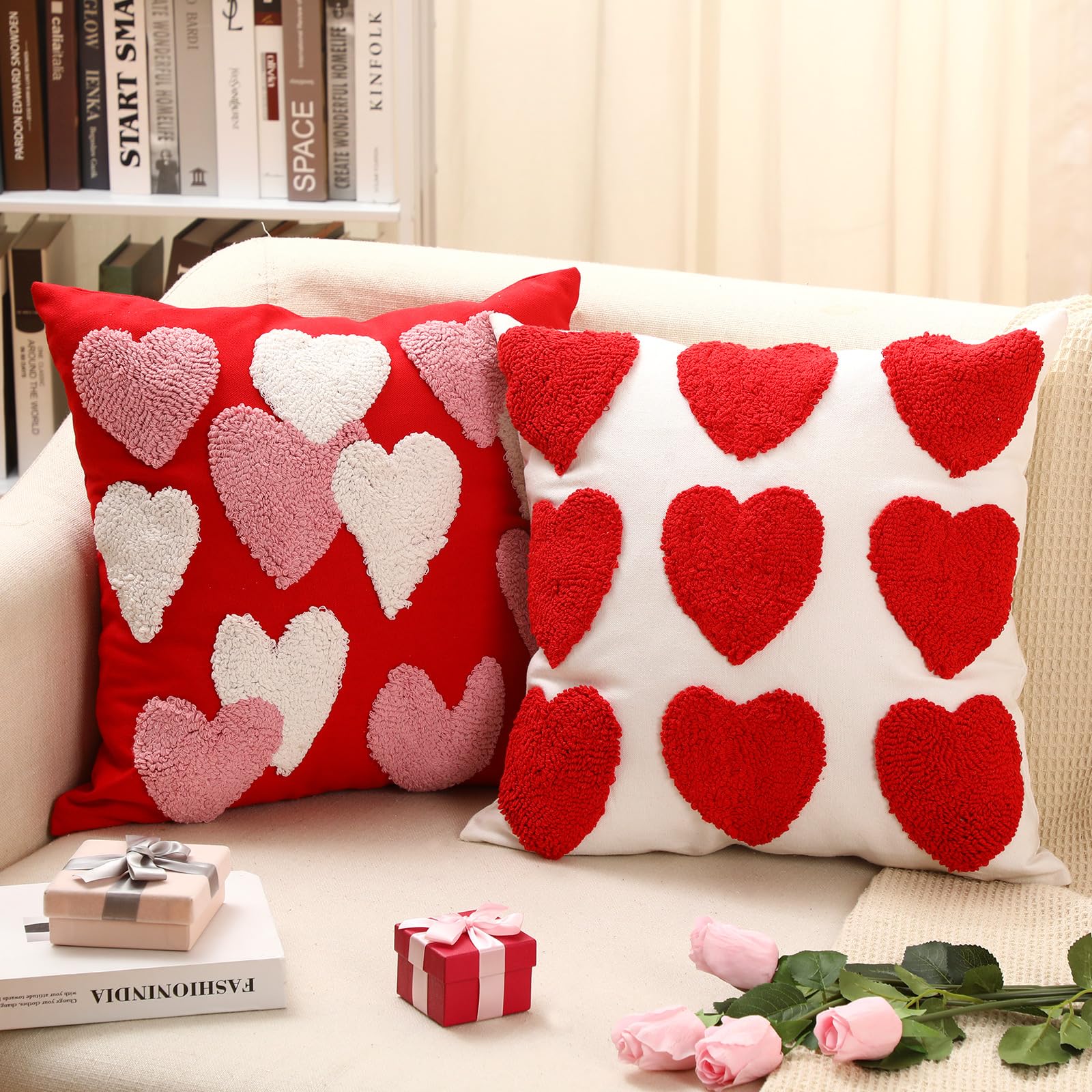 Cinnvoice Valentines Day Throw Pillow Covers 18x18 in Set of 2 Love Heart Tufed Cushion Cover Red Soft Plush Faux Fur Throw Pill