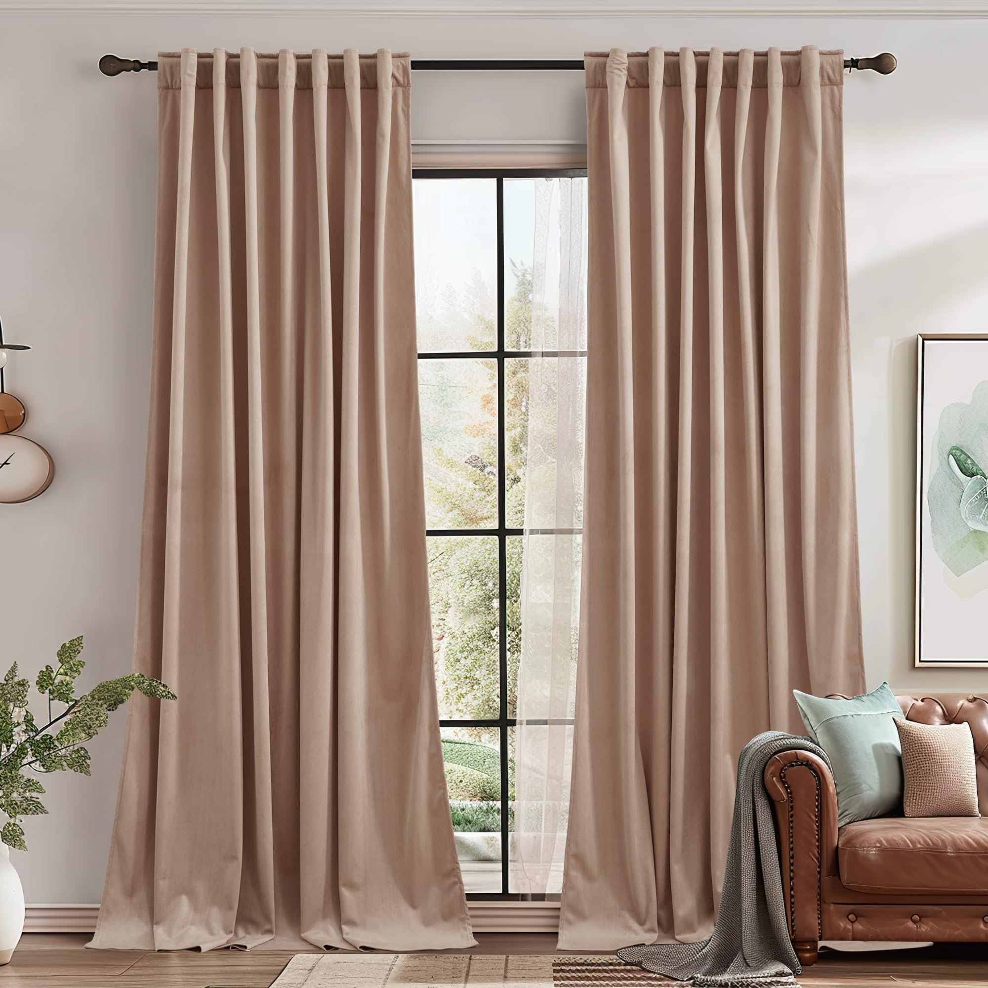 Stangh Beige Blush Velvet Curtains Light Dimming Bedroom Panels 96 Inches 2 Panels, Luxury Farmhouse Decor Window Treatment Back