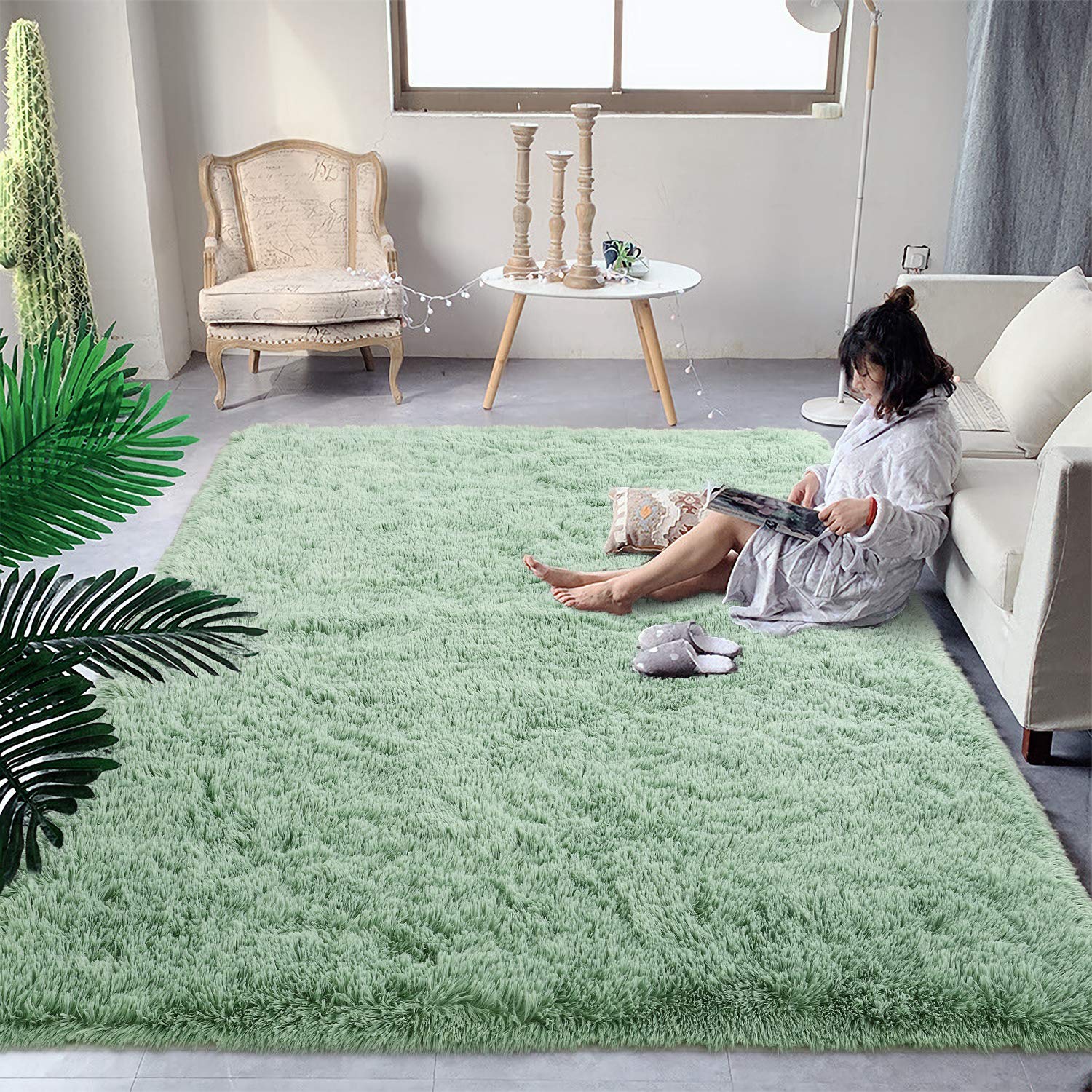 DweIke Super Soft Shaggy Rugs Fluffy Carpets, 5x8 ft, Green Area Rug for Living Room Bedroom Girls Kids Room Nursery Home Decor,