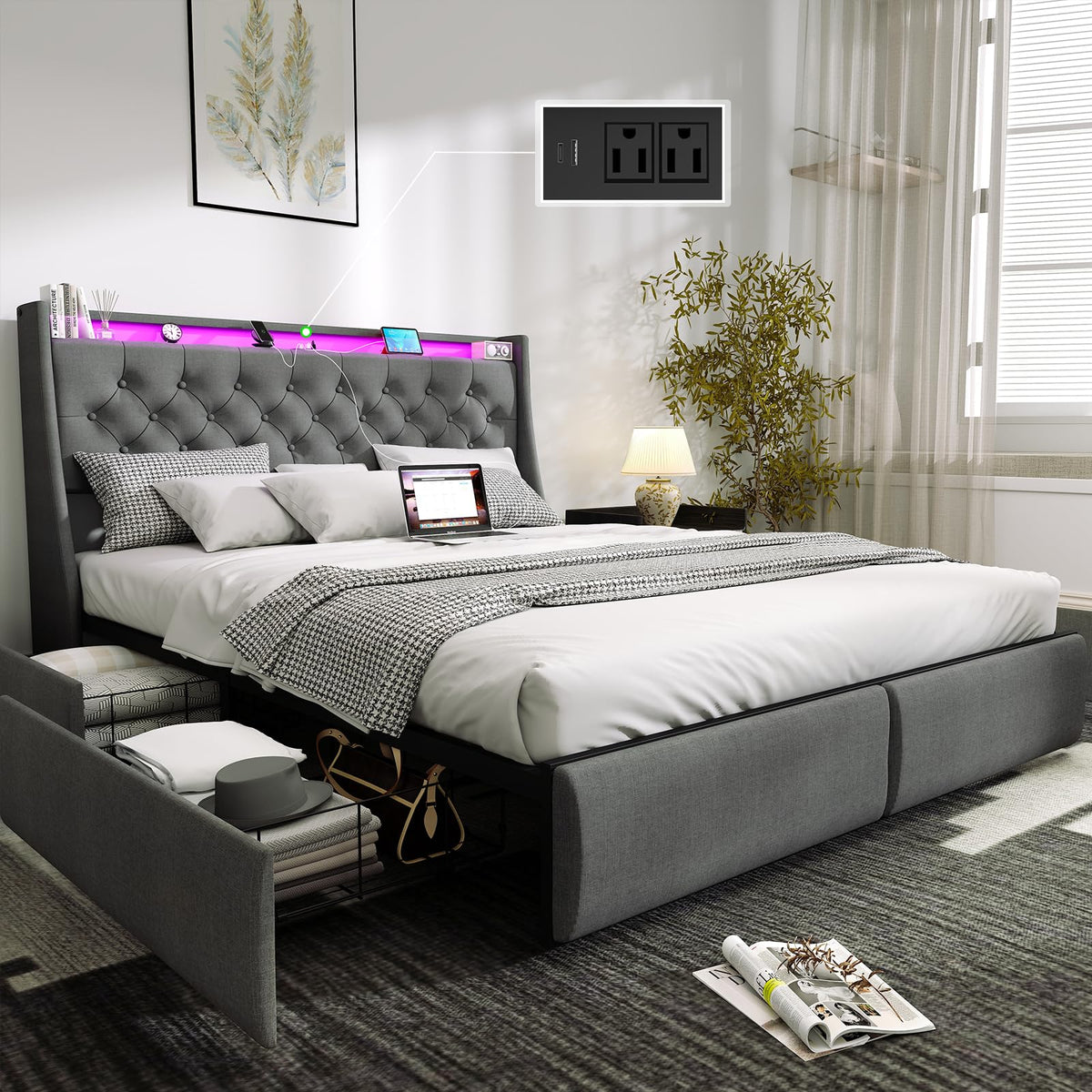 Doltoro Full Size Bed Frame With 4 Storage Drawers And Upholstered Headboard, Button Tufted Platform Bed With Led Lights And Cha