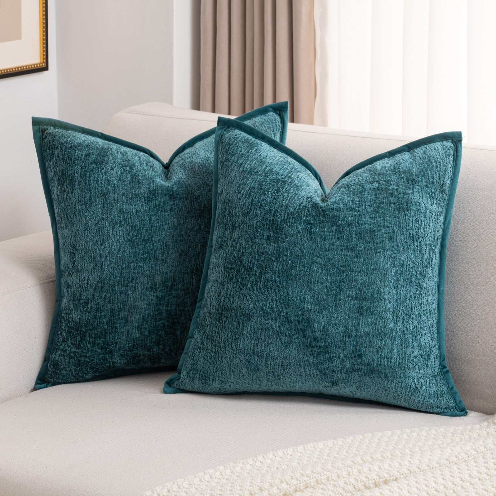 Futei Teal Chenille Throw Pillow Covers 16X16 Inch Set Of 2,Soft Velvet Cushion Case,Home Decor For Couch Bed Living Room