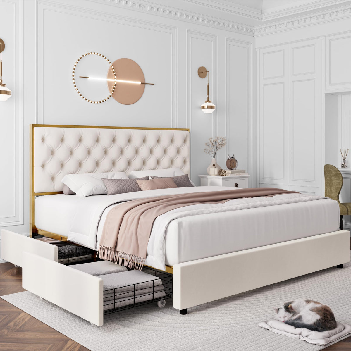 HIFIT Queen Upholstered Bed Frame with 4 Storage Drawer and Handmade Button Tufted Headboard, Modern Velvet Queen Size Platform 