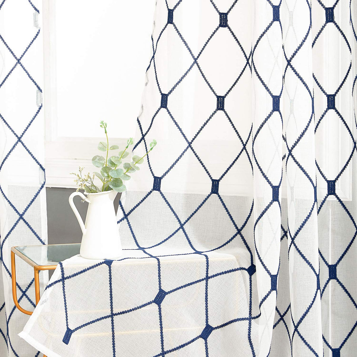 Top Finel White Sheer Curtains 72 Inches Long Navy Blue Embroidered Diamond Grommet Window Curtains For Living Room Bedroom, 2 P