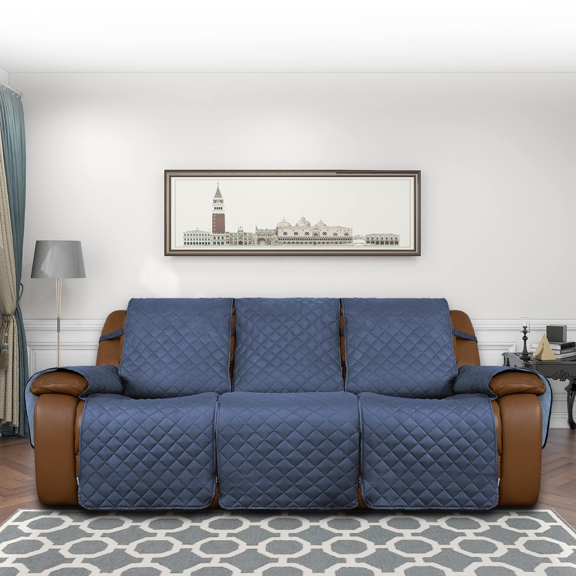 Easy-Going Recliner Sofa Cover, Reversible Couch Cover For 3 Seat Recliner, Split Sofa Cover For Each Seat, Furniture Protector With Elastic Straps For Kids, Dogs, Pet(3 Seater, Dark Blue/Light Blue)