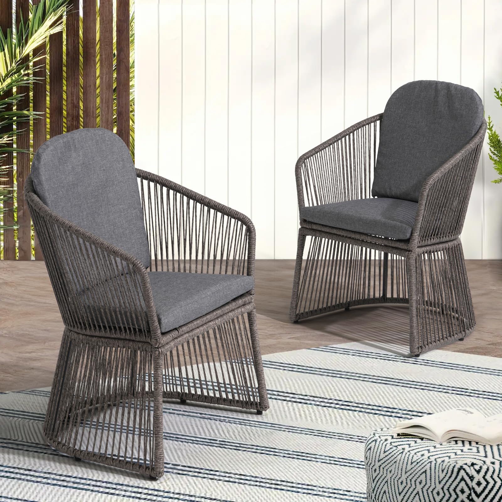 Sunsitt Patio Chairs Set Of 2, Woven Wicker Outdoor Dining Chairs W/Weather-Resistant Cushions, Modern Bistro Chairs Set Of 2 W/