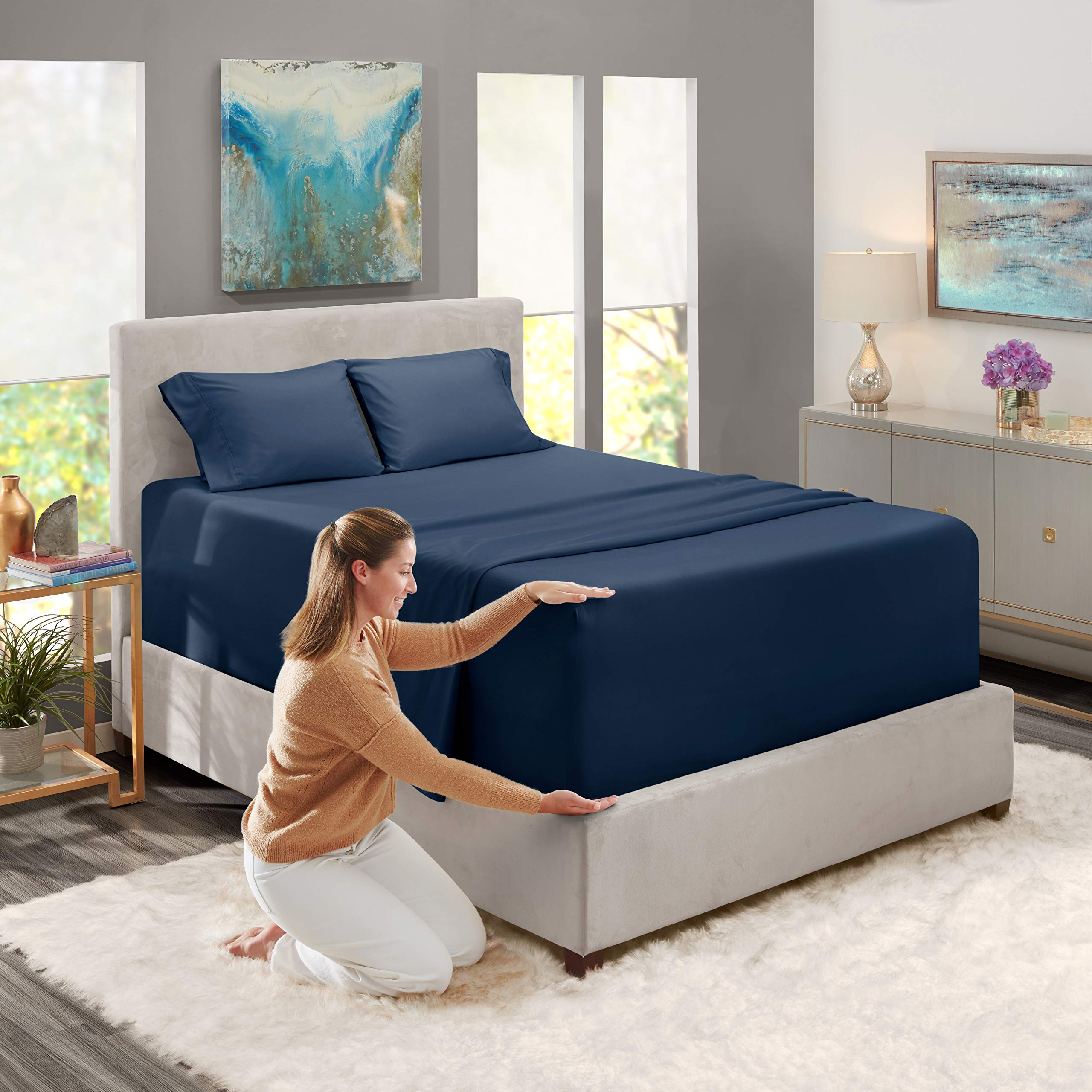 Nestl Extra Deep Pocket Sheets - Fits Mattress 18-24 Inches Deep, Extra Deep Pocket California King Size Sheets, 4 Piece Cal King Sheets, Cal King Sheets Deep Pocket, Navy Blue