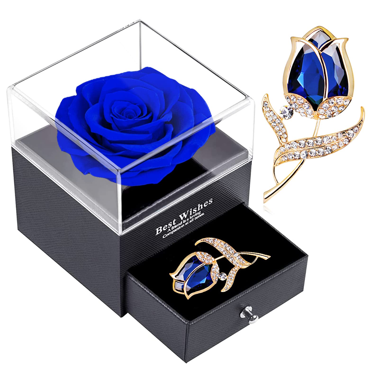 Sweetime Preserved Rose Gift Enchanted Real Blue Rose With Sapphire Rose Brooch, Eternal Flower Rose, Handmade Rose In Box With