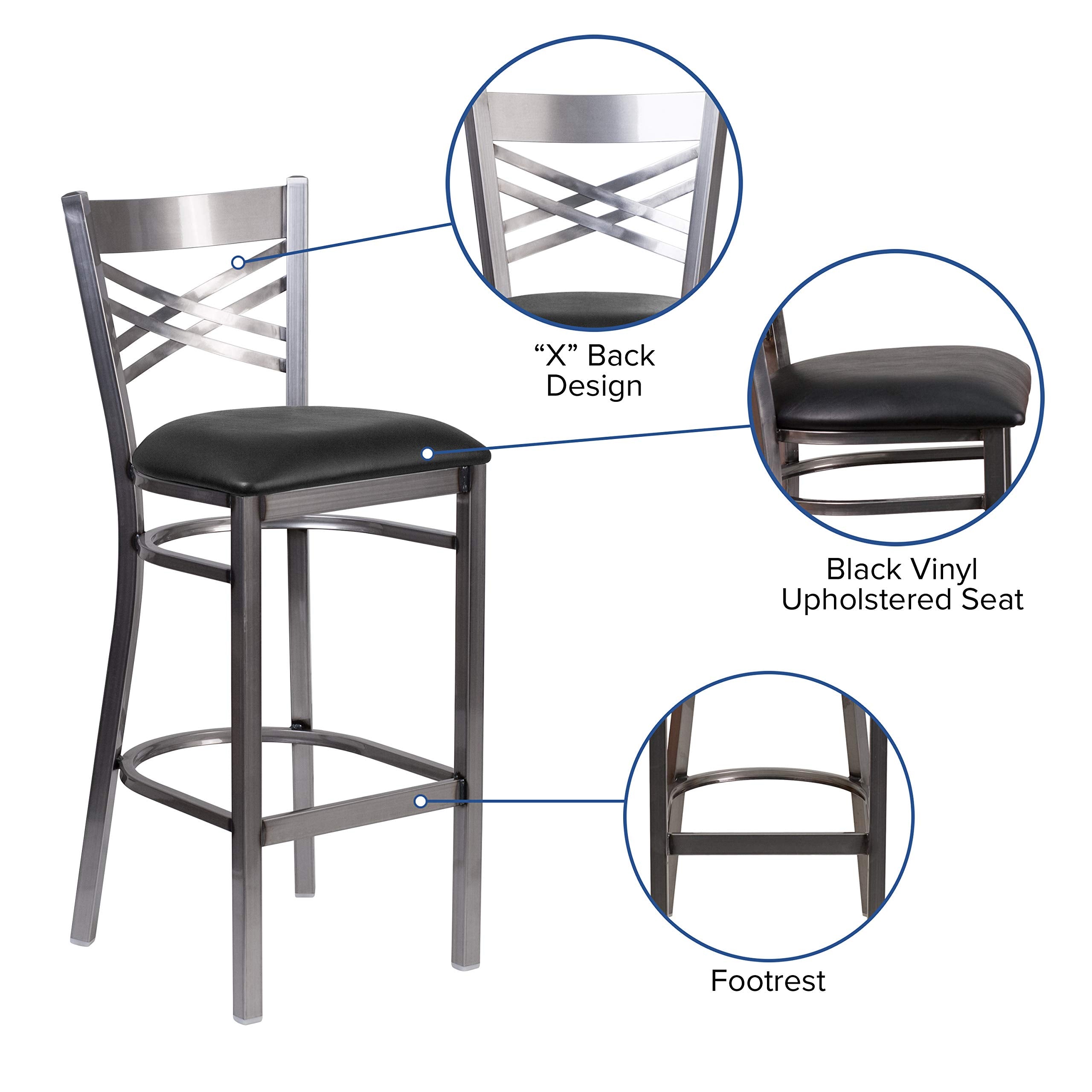 Flash Furniture Hercules Series Clear Coated ''X'' Back Metal Restaurant Barstool - Black Vinyl Seat