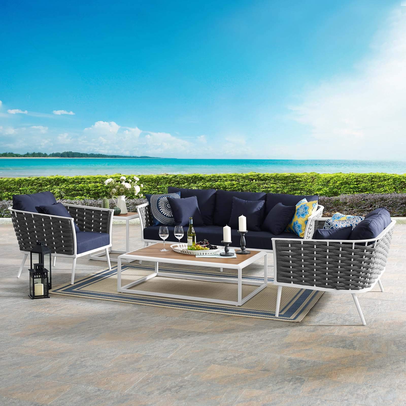 Modway Stance Outdoor Patio Aluminum Sectional Sofa Set, 6 Piece, White Navy