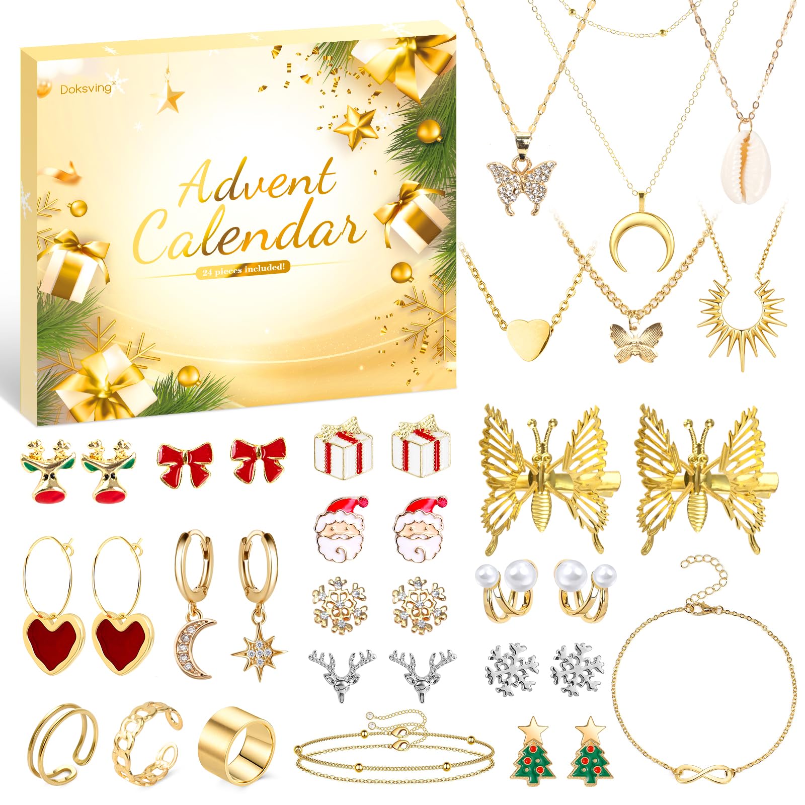 Advent Calendar 2024, Jewelry Set 24 Days Countdown Calendar for Adult Women Christmas, Fashion Bracelet Necklace Rings Earring,