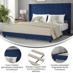 Flash Furniture Bianca Upholstered Platform Bed - Navy Velvet Upholstery - King - Wingback Headboard - Slatted Mattress Foundation - No Box Spring Needed