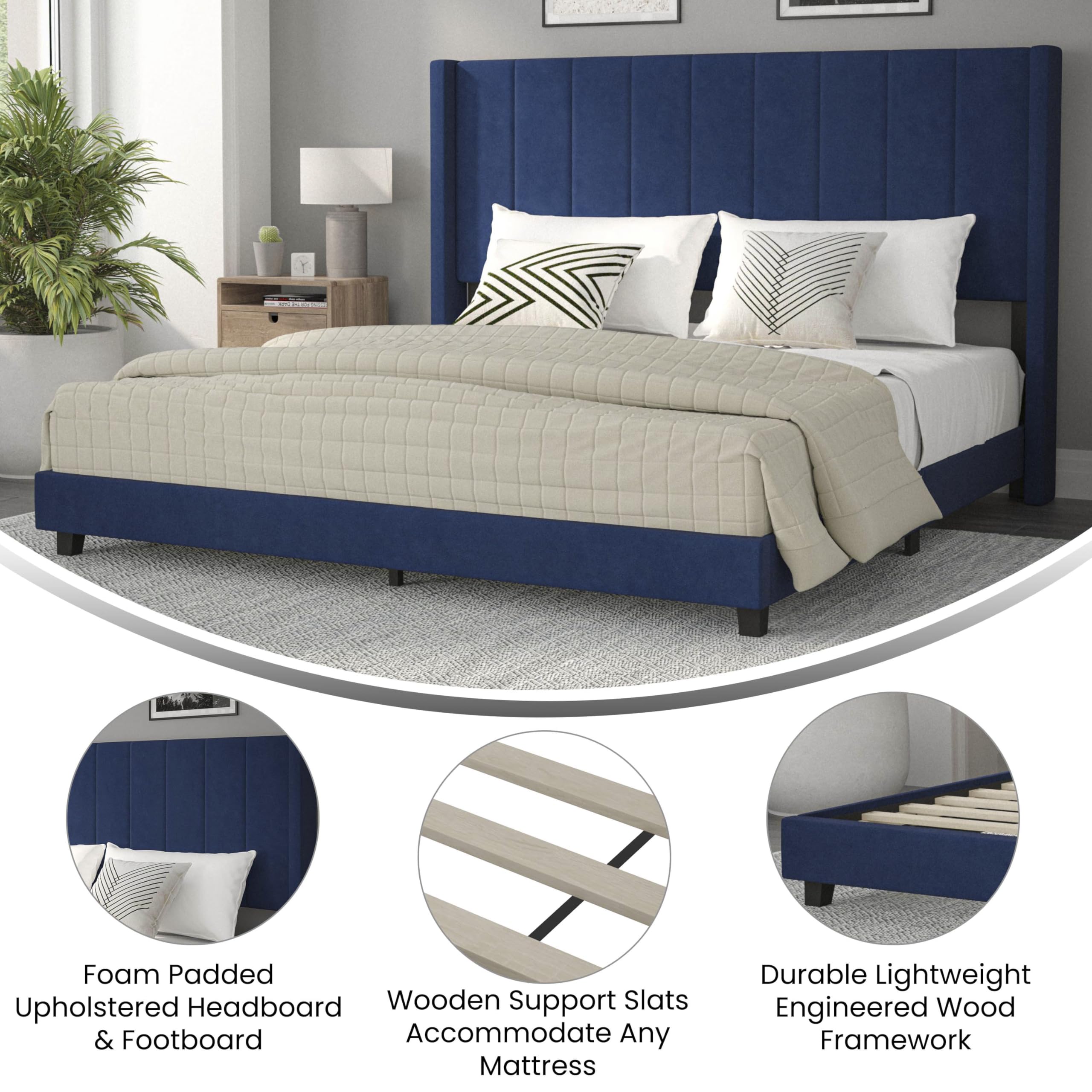 Flash Furniture Bianca Upholstered Platform Bed - Navy Velvet Upholstery - King - Wingback Headboard - Slatted Mattress Foundation - No Box Spring Needed