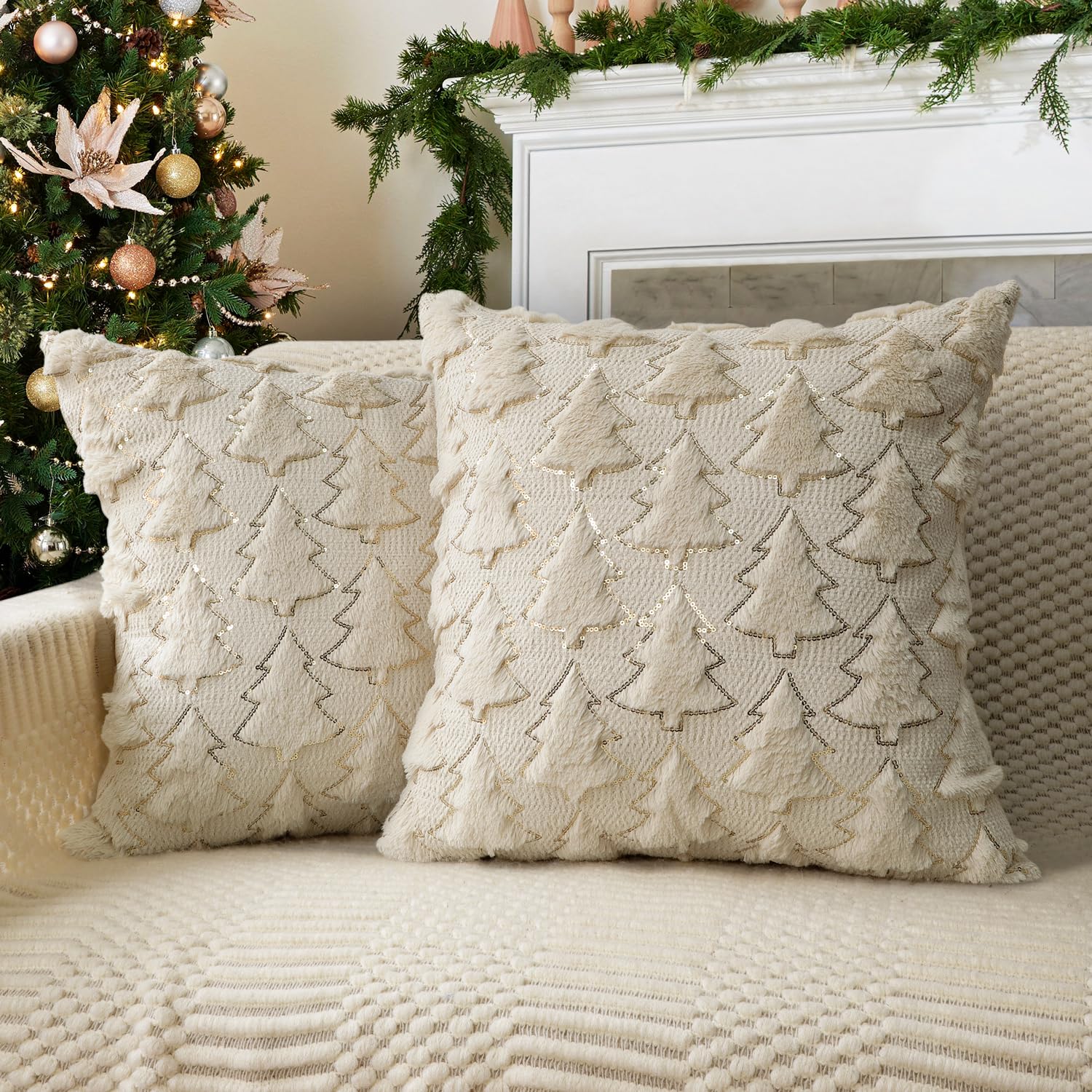 4Th Emotion Christmas Tree Decorative Pillow Covers 20X20 Set Of 2, Beige Soft Plush Faux Fur Farmhouse Throw Cushion Cases For