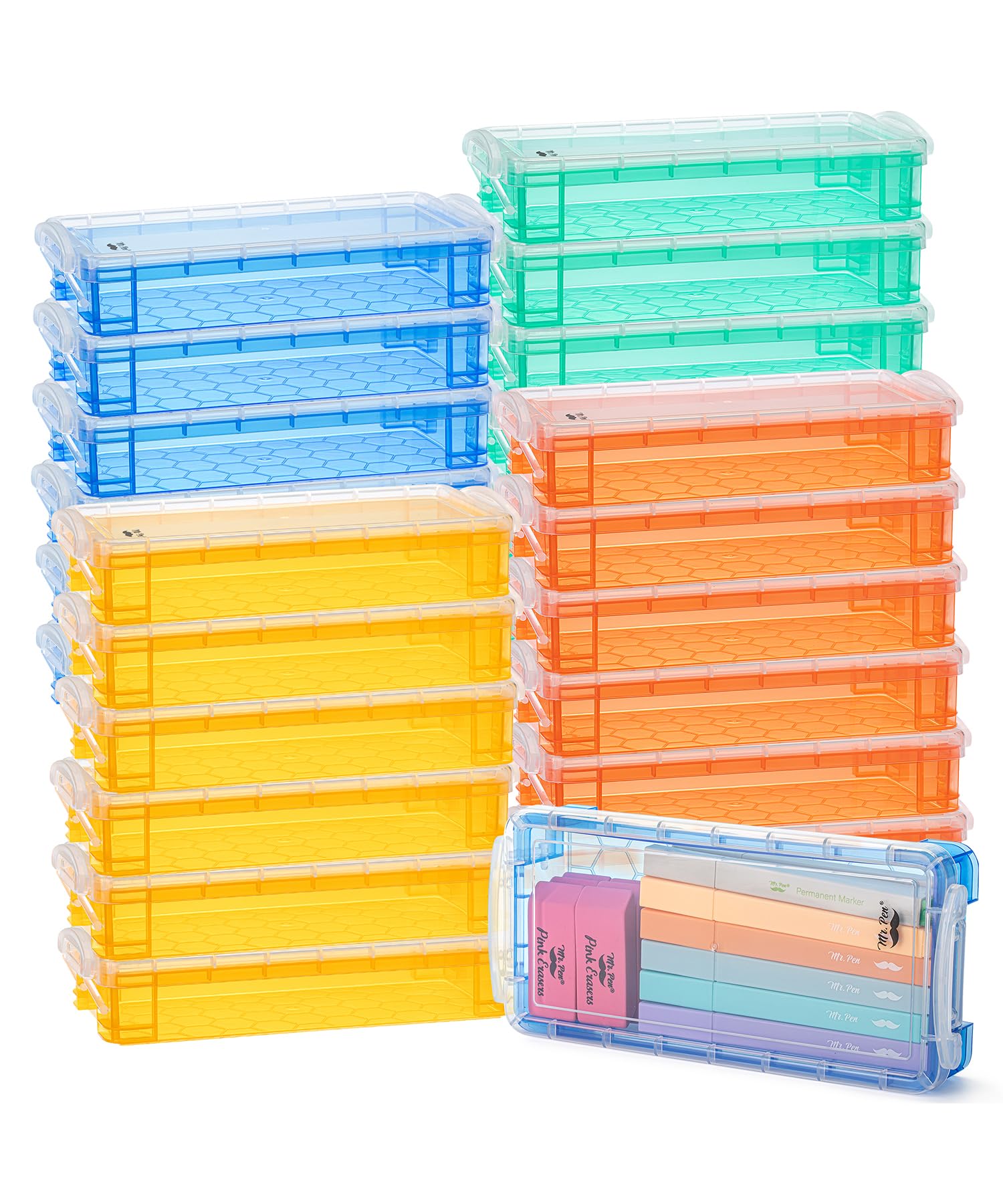 Mr. Pen- Pencil Box, 24 Pack, Assorted Colors, Plastic Pencil Box Case, Pencil Case, Crayon Box, Pencil Case For Kids, Clear Pen