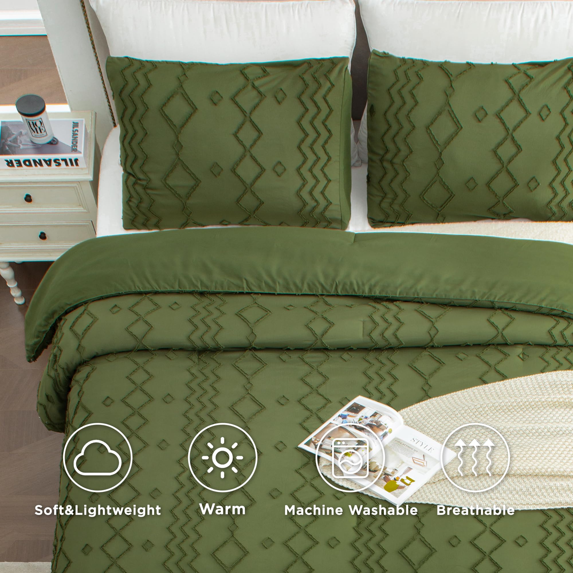 Andency Olive Green Tufted Comforter Set Queen(90X90Inch), 3 Pieces(1 Boho Comforter, 2 Pillowcases) Textured Farmhouse Comforter, Soft Microfiber Down Alternative Geometric Comforter Bedding Set