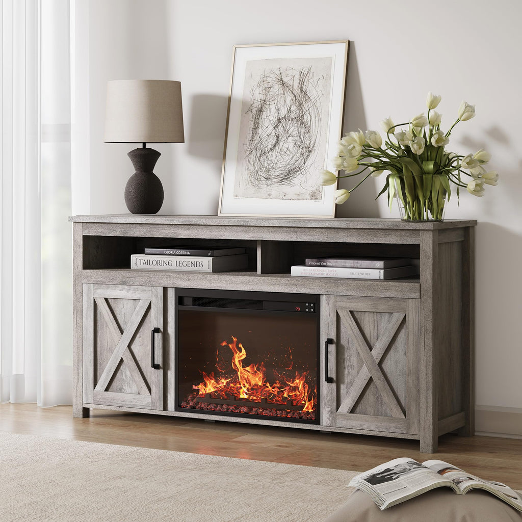 Belleze Barn Door Wood Electric Fireplace Tv Stand For Tvs Up To 65 Inches Open Shelves And Cabinets Media Entertainment Center Console Table - Corin (Gray Wash)