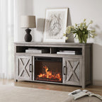 Belleze Barn Door Wood Electric Fireplace Tv Stand For Tvs Up To 65 Inches Open Shelves And Cabinets Media Entertainment Center Console Table - Corin (Gray Wash)