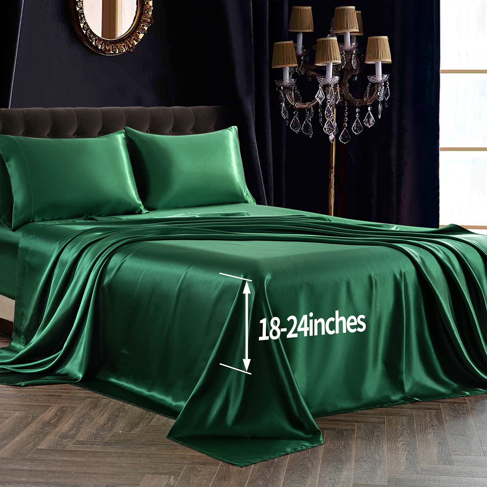 Siinvdabzx 4Pcs Satin Sheet Extra Deep Pocket Sheets Queen Size, Ultra Silky Soft Emerald Green Satin Queen Bed Sheets Deep Fitt