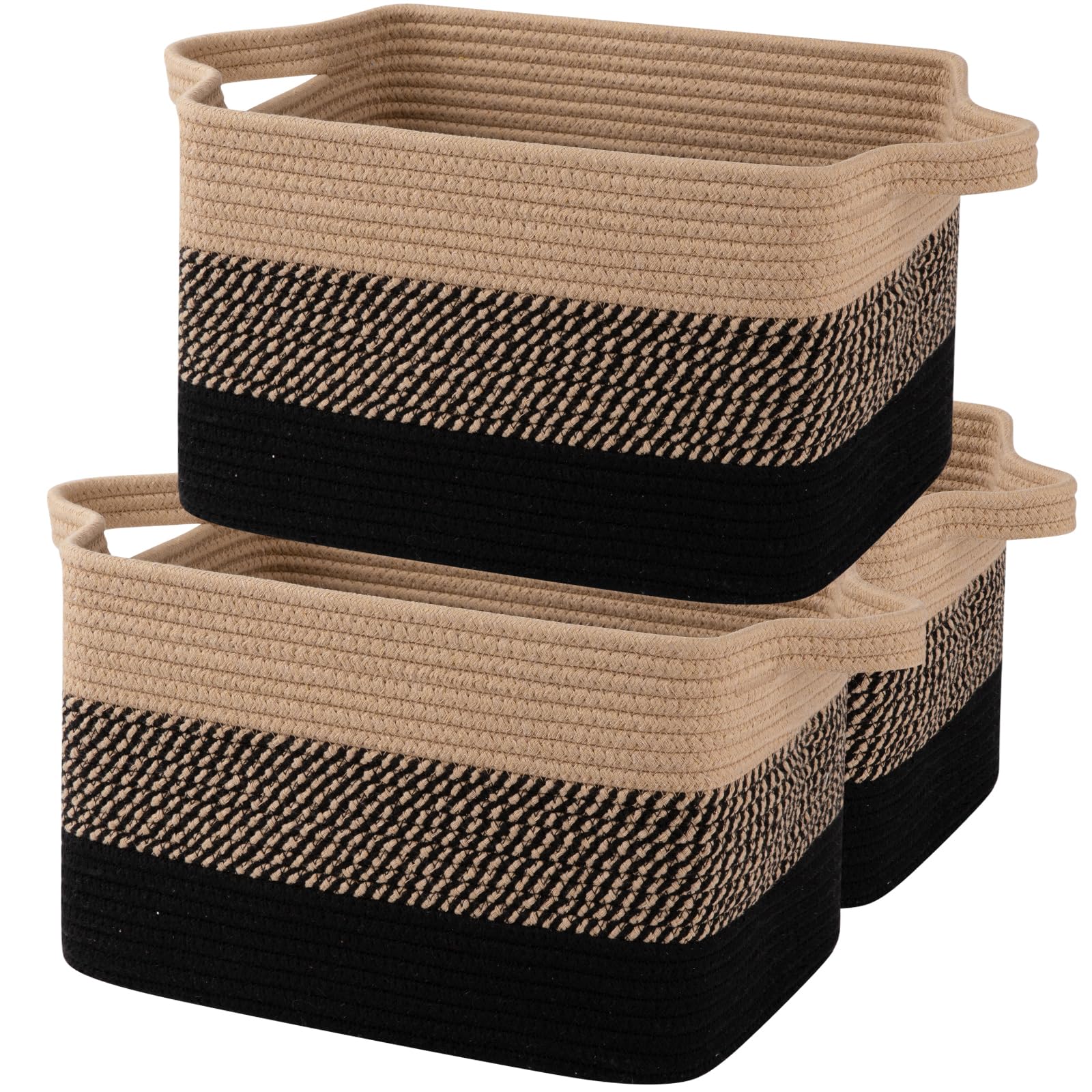 Oiahomy Storage Basket, Woven Baskets For Storage, Cotton Rope Basket For Toys,Towel Baskets For Bathroom - Pack Of 3, Black & Brown