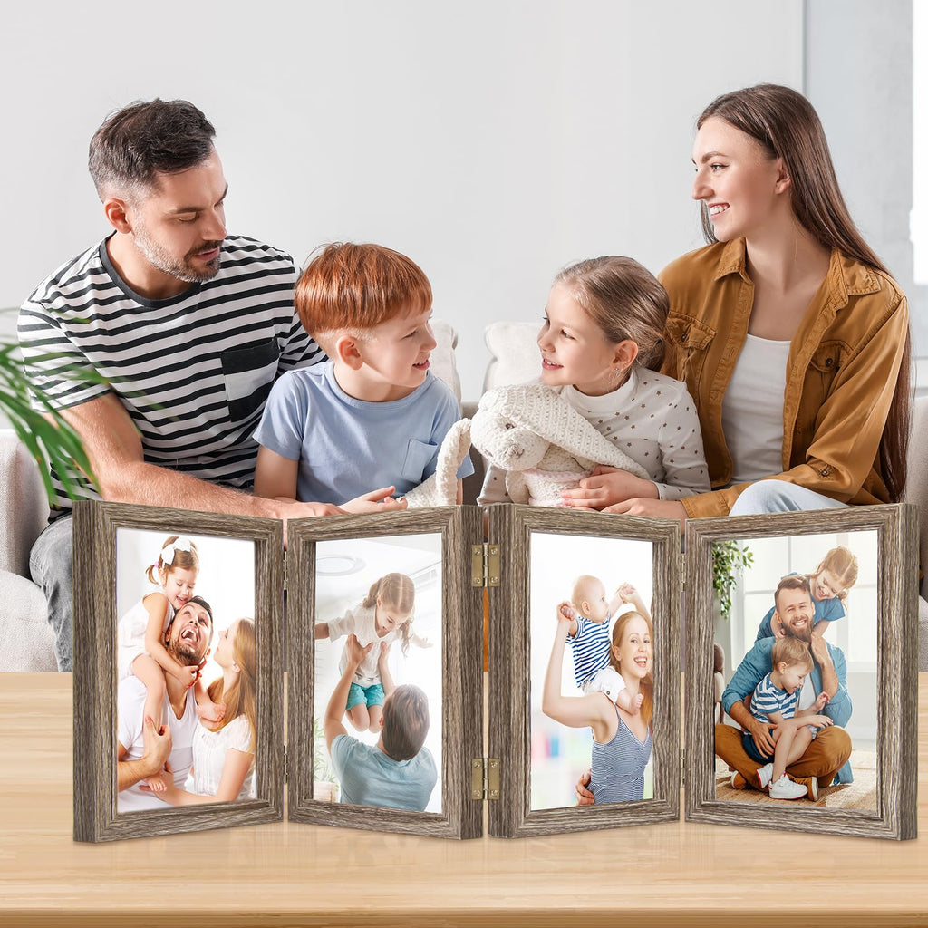 5X7 Four Picture Frame 4 Hinged Photo Frame With 4 Openings, Natural Wood Foldable Photo Frame With High Definition Acrylic For