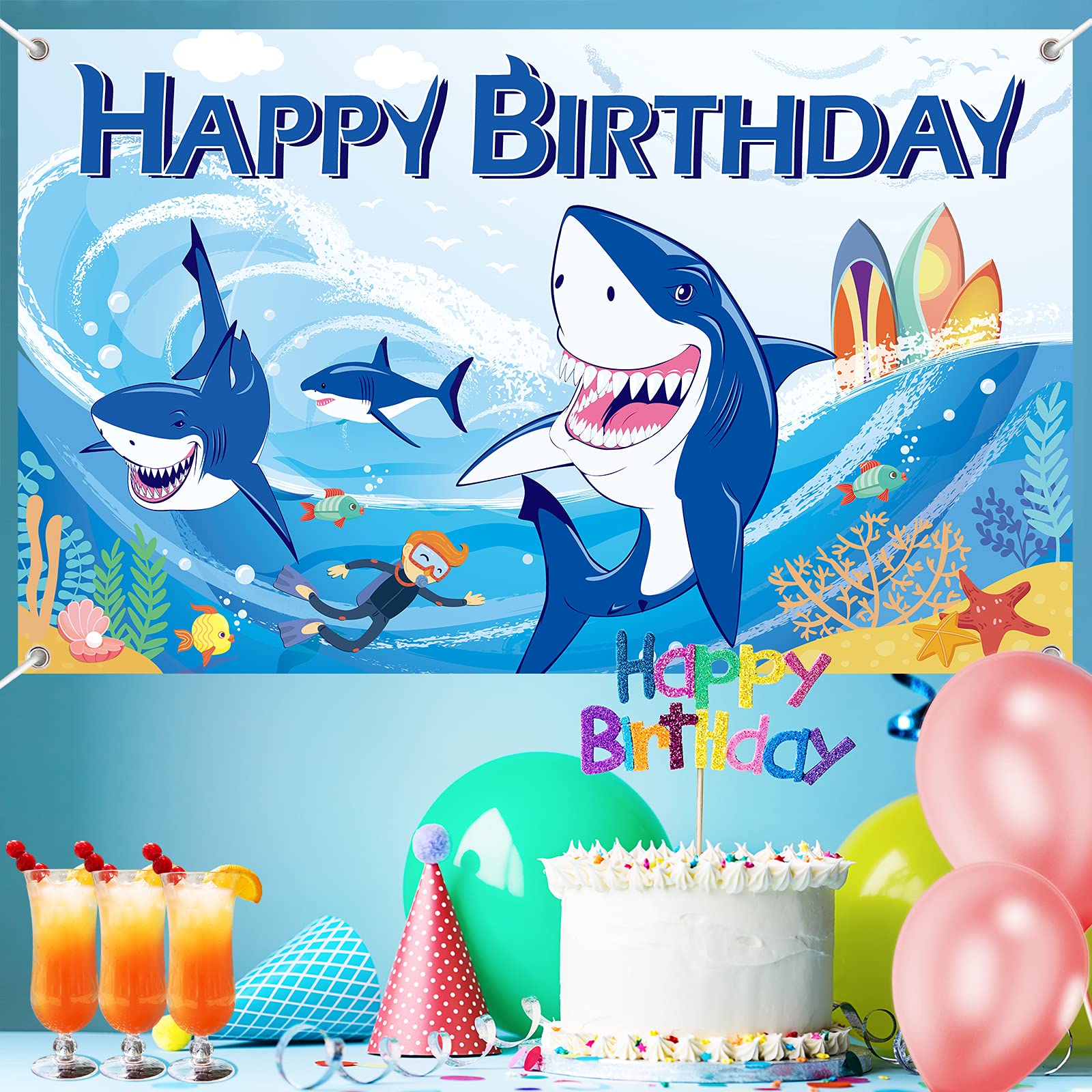 Shark Backdrop For Photo Booth, Shark Happy Birthday Banner, Shark Themed Under The Sea Background Birthday Sign Party Decoratio