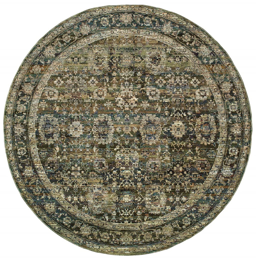 HomeRoots Nylon, Polypropylene 7' Round Green and Brown Floral Area Rug