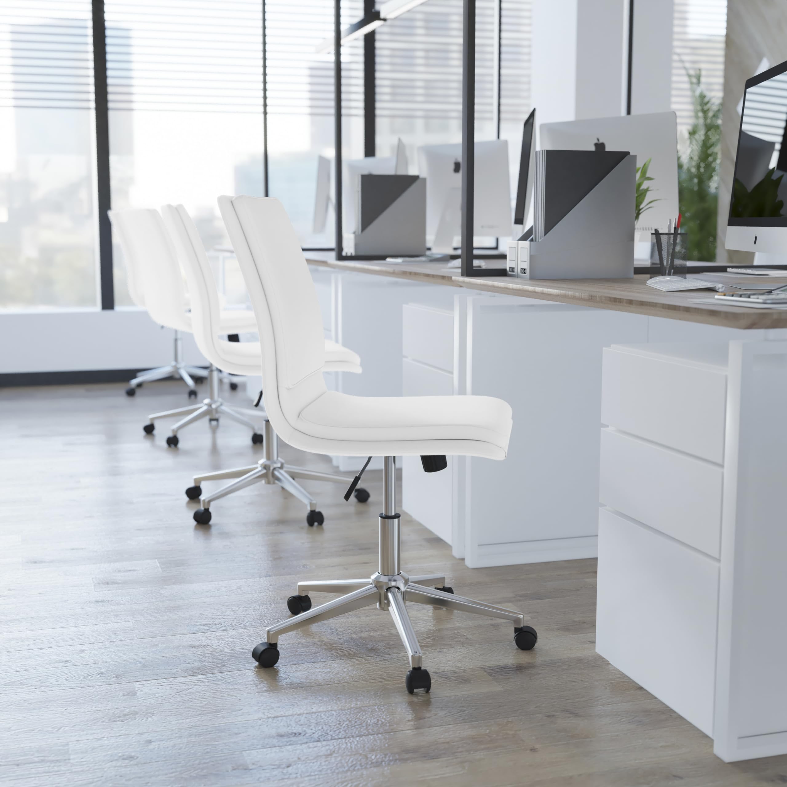 Flash Furniture Madigan Task Office Chair - Luxurious White Leathersoft Upholstery - Padded Mid-Back And Seat - Height Adjustable Chrome Base - Armless