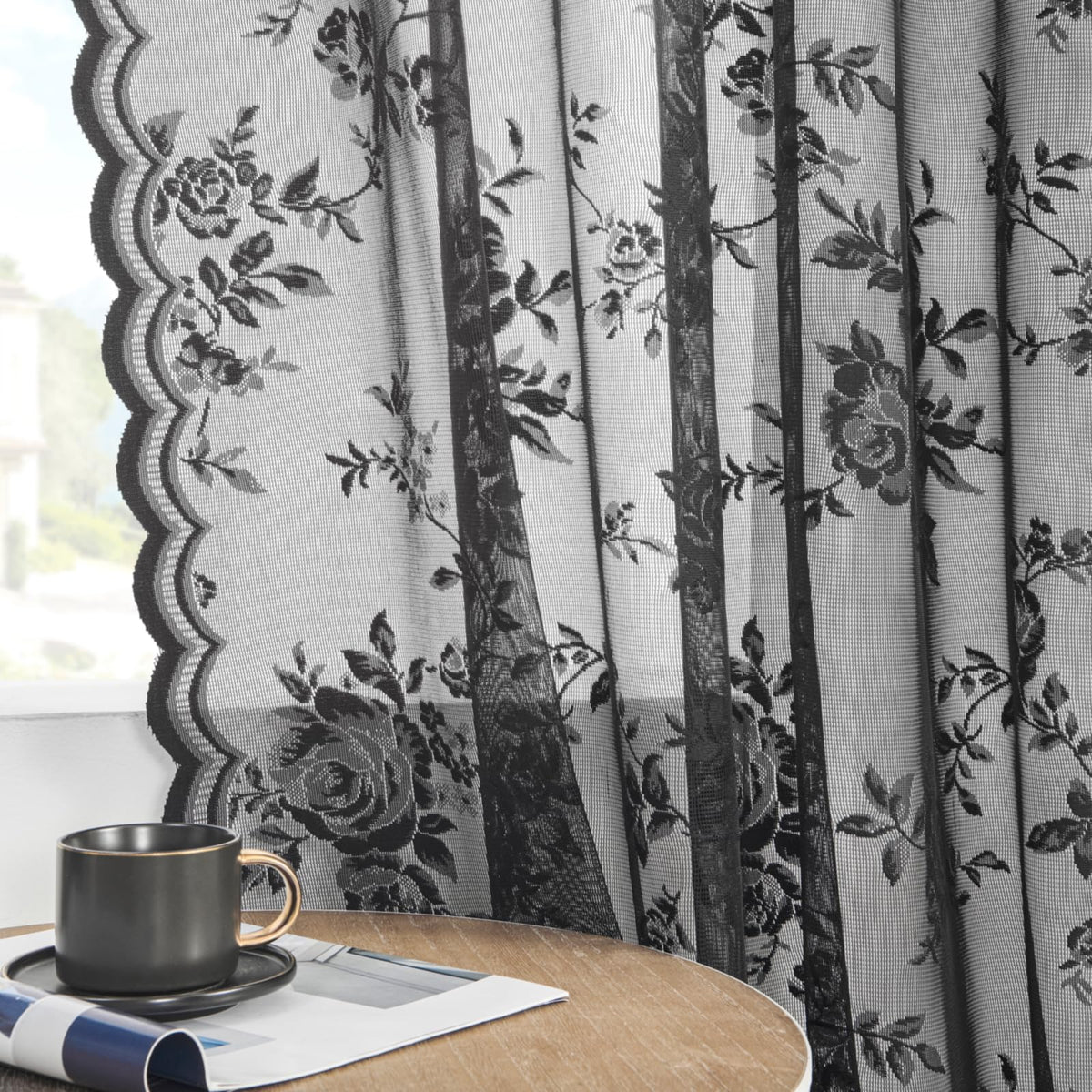 SEEKRIGHT Black Lace Curtains 72 Inch Length 2 Panels Sheer Floral Curtains for Living Room Bedroom Kitchen Rod Pocket Light Fil