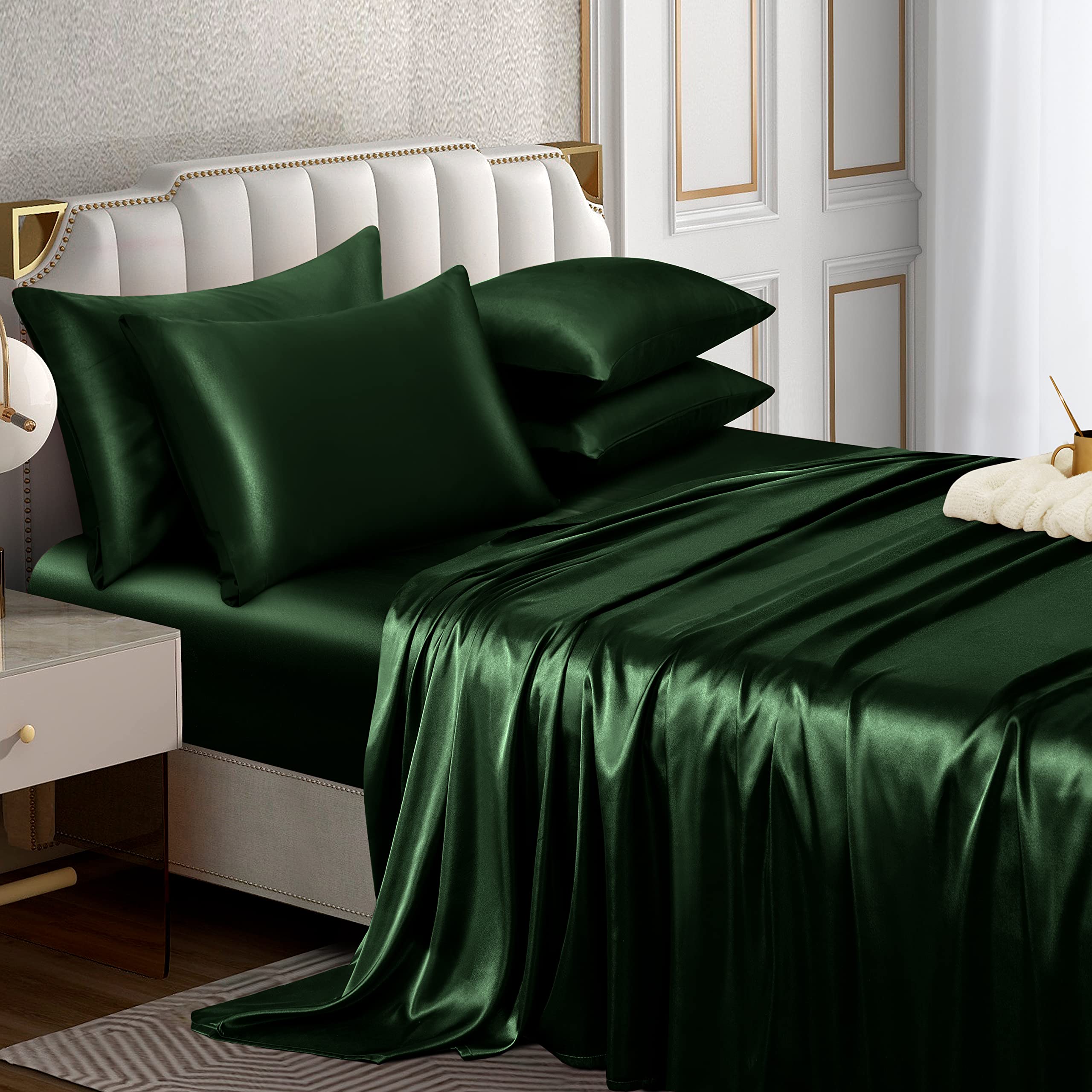 Horbaunal 4 Piece Satin Sheet Set Twin Size Luxury Silky & Soft Emerald Green Satin Twin Bed Sheet Set with 16'' Deep Pocket, 1 