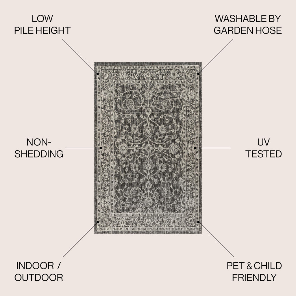 Jonathan Y Smb103C-8 Palazzo Vine And Border Textured Weave Indoor Outdoor Area Rug Coastal Bohemian Rustic Glam Easy Cleaning Bedroom Kitchen Backyard Patio Non Shedding, 8 X 10, Black/Gray