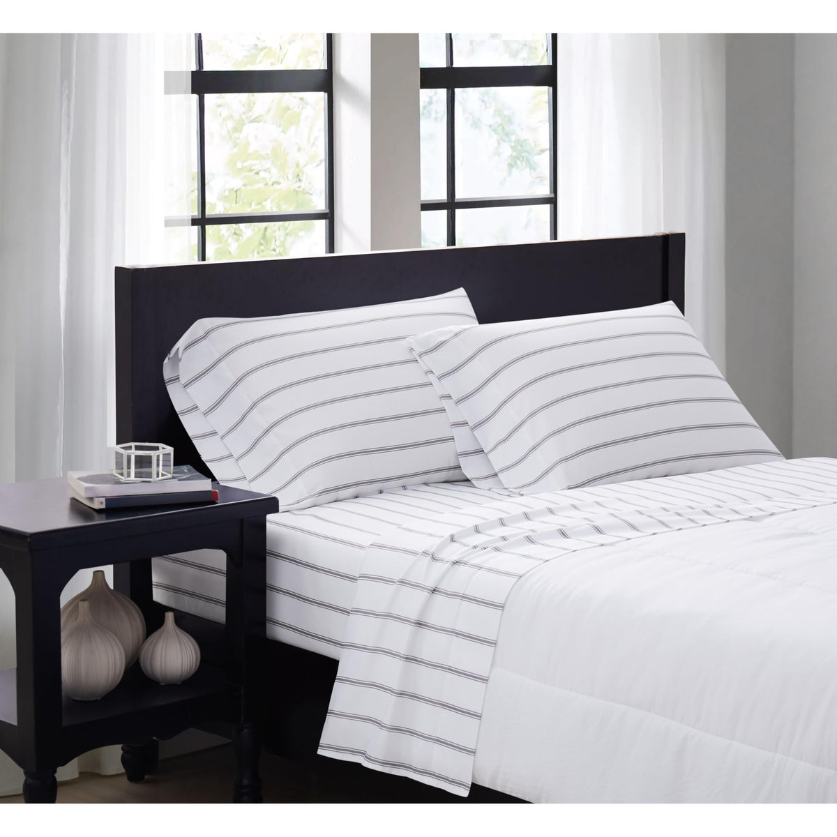 Truly Soft Ticking Stripe White And Grey Polyester 4-Piece King Sheet Set, Stripe Themed, For Men And Women, Oeko-Tex Certified