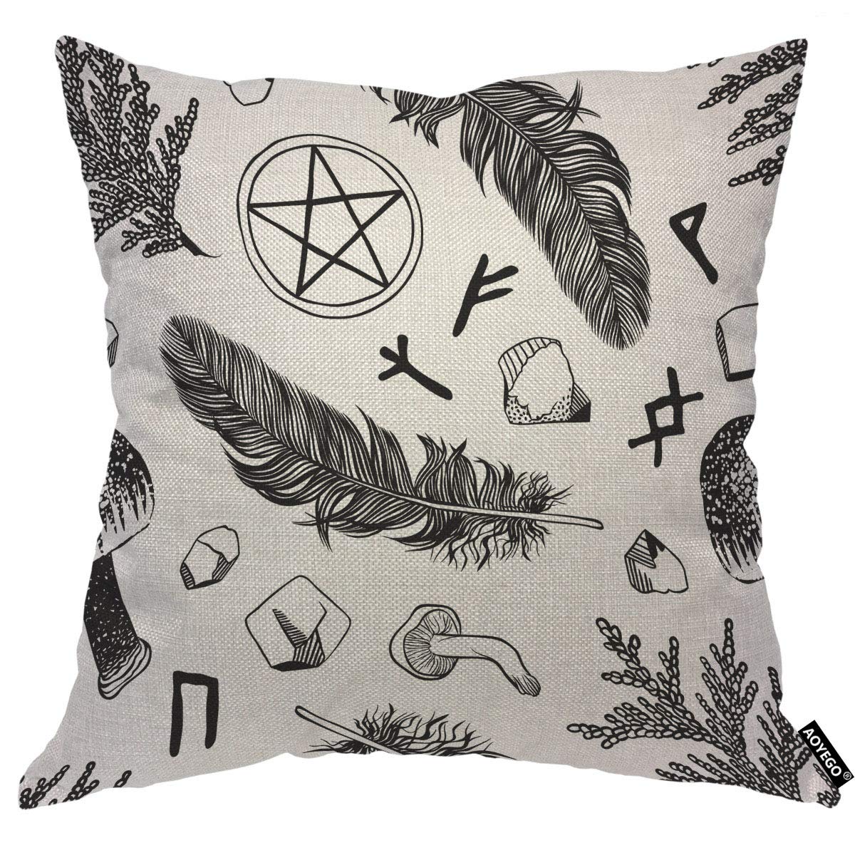 Aoyego Black Boho Witchcraft Throw Pillow Cover Witchcraft Ritual Pentagram Feather Mushroom Plant Stone Mystic Pillow Case 18X1
