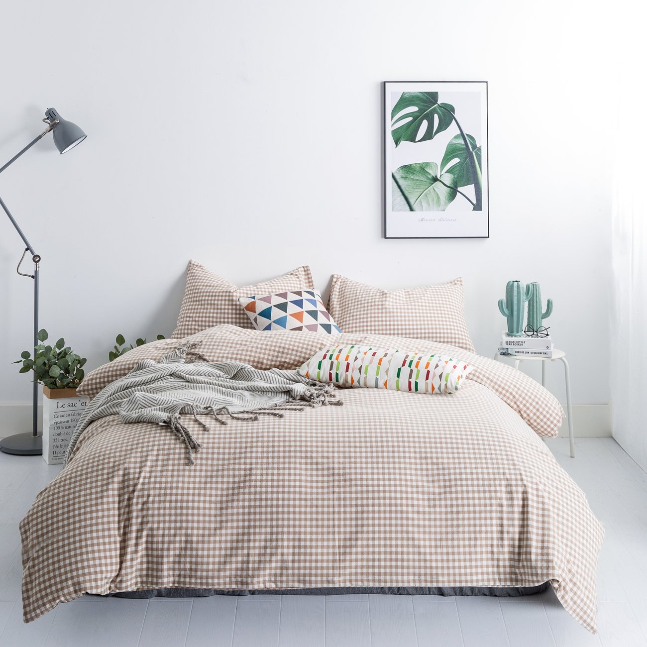 Susybao Tan Gingham Duvet Cover King 100% Washed Cotton Beige Plaid Duvet Cover Set 3 Pieces 1 Checkered Grid Duvet Cover With Z