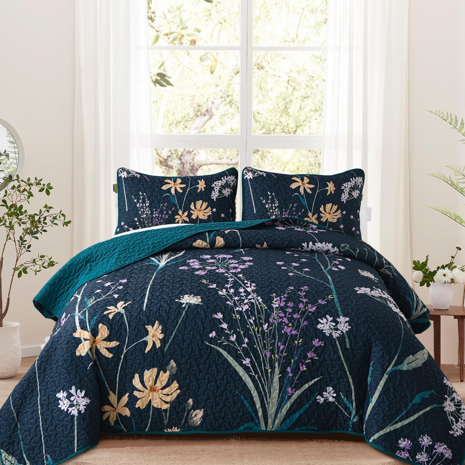 Dobuyly Floral Quilt Set King Size Dark Green Botanical Bedspread Coverlet Set 3 Pieces Soft Lightweight Microfiber Flower Quilt