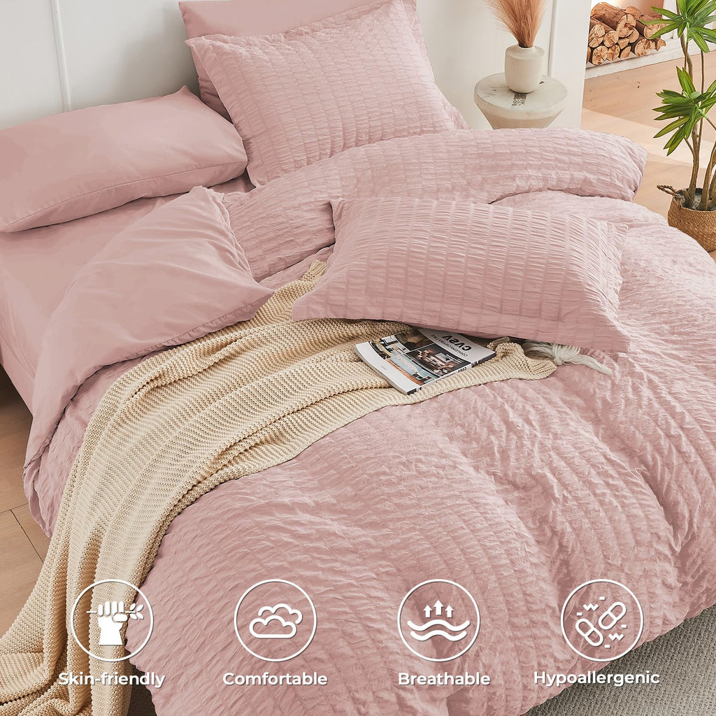 Hymokege Rose Gold Queen Comforter Set Seersucker 7 Pieces, All Season Luxury Bed In A Bag For Bedroom, Bedding Set With Comfort