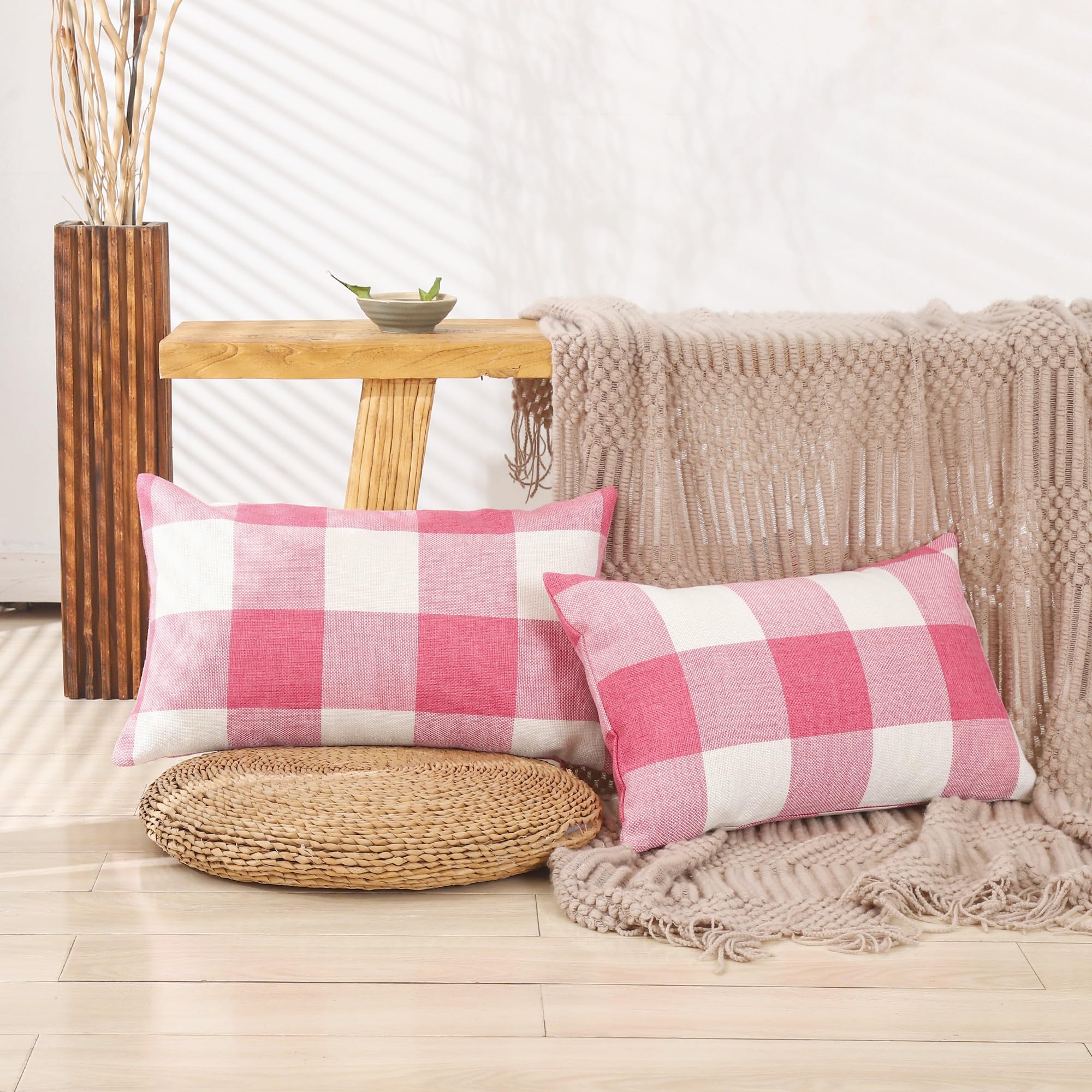 Carrie Home Pink Room Decorations Light Pink Buffalo Plaid Lumbar Pillow Covers 12X20 Set Of 2 Pink Checkered Pillow Covers 12 X