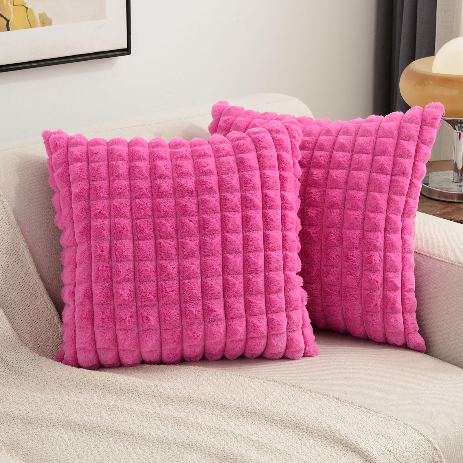 Futei Hot Pink Decorative Throw Pillow Covers 16X16 Inch Set Of 2,Square Cushion Case,Fluffy Faux Rabbit Fur Plaid & Soft Velvet