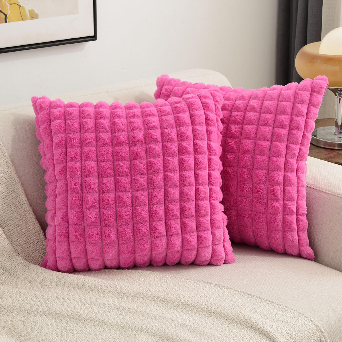 Futei Hot Pink Decorative Throw Pillow Covers 14X14 Inch Set Of 2,Square Cushion Case,Fluffy Faux Rabbit Fur Plaid & Soft Velvet