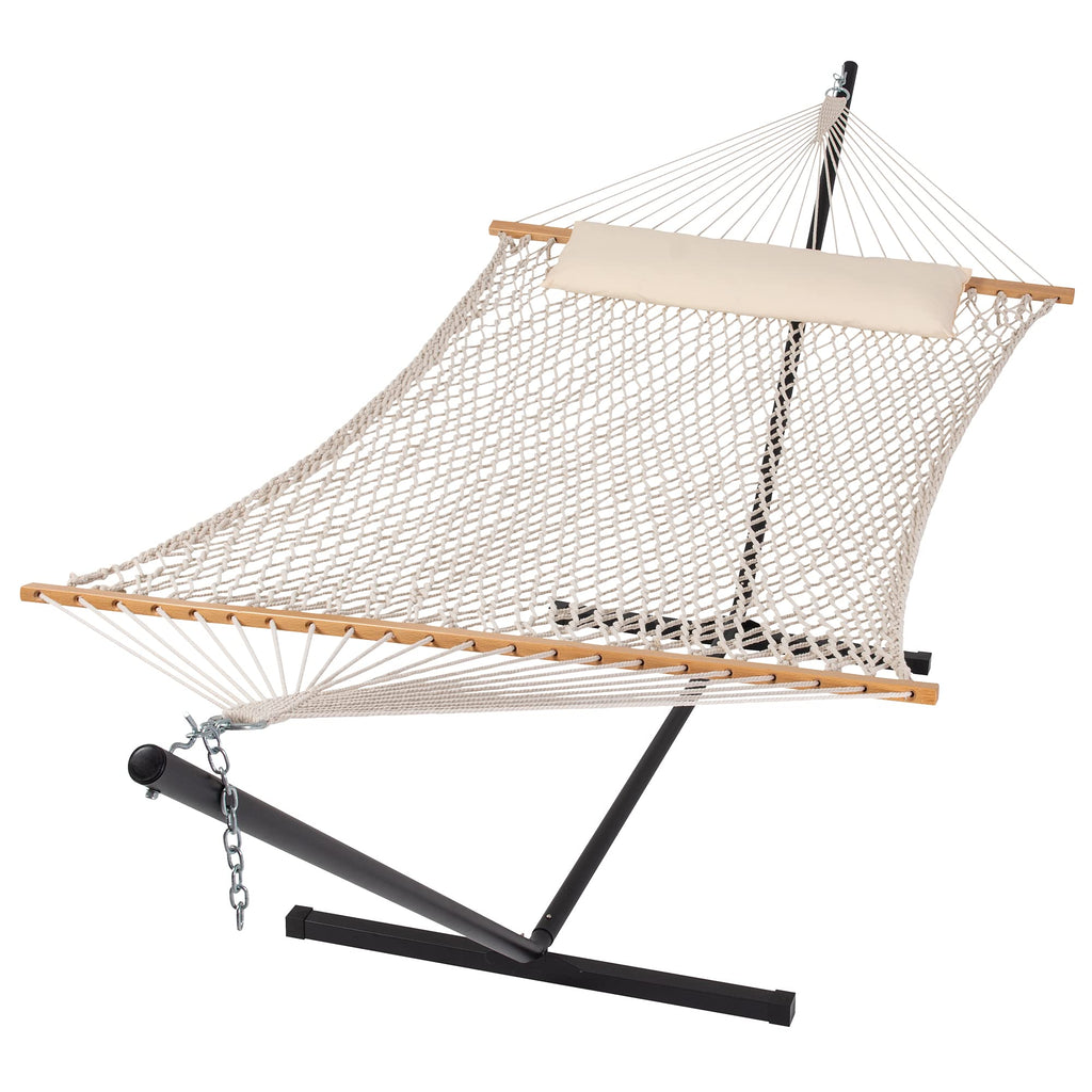 Suncreat Hammocks Double Outdoor Hammock With Stand, Cotton Rope Two Person Hammock With Polyester Pad & Large Pillow, Blue& Gray